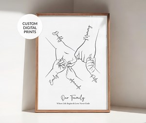 Custom Family Hands Print, Family of 5 Line Art, Personalized Baby Shower Gift, New Parents Art, Printable Mother’s Day Christmas Gift Decor - Etsy