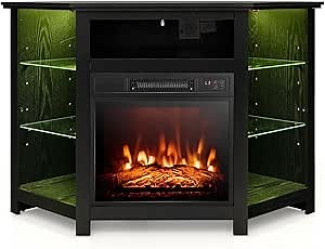 Tangkula Fireplace Corner TV Stand with LED Lights & Smart APP Control for 50 Inches TV, Entertainment Center with Adjustable Glass Shelves, 18” Electric Fireplace, Remote Control, Thermostat