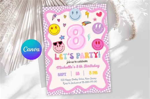 Editable Smiley Face Birthday Invitation Groovy Let's Party! -digital Printable - Etsy