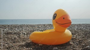 An inflatable duck lies on a small rocky beach on the shores of the Mediterranean Sea. Bath time. An inflatable duck looks into the camera. High quality 4k footage