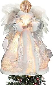 Christmas Angel Tree Topper with Light,12.6 Inch Xmas Tree Toppers Decorations Ornament with White Feather Wings for Indoor Office Holiday (Silvery)