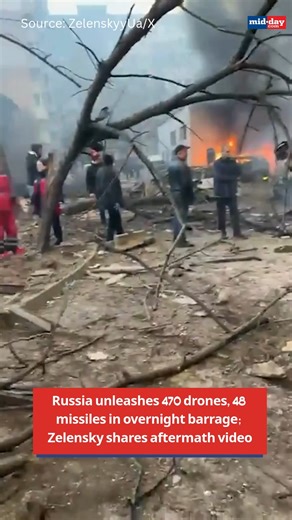29K views · 166 reactions | Russia launched more than 470 attack drones and 48 missiles overnight, causing destruction across several Ukrainian regions. Zelensky shared a video of the aftermath, reporting deaths, injuries, and major damage to homes and infrastructure, while urging stronger global pressure and more air defence support. | MiD DAY | Facebook