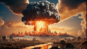 A massive nuclear explosion creates a mushroom cloud over rugged terrain, dramatic and intense atmosphere