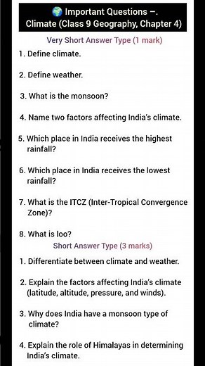 Class 9 geography chapter 4 climate All important questions for exam #cbse #ncert #exampreparation