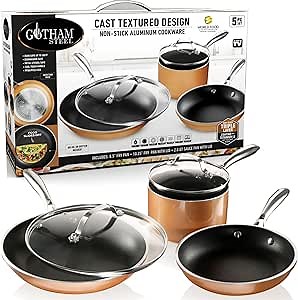 Gotham Steel Copper Cast 5 Piece Cookware, Pots and Pan Set with Triple Coated Nonstick Copper Surface & Aluminum Composition for Even Heating, 100% Non-Toxic, Oven, Stovetop & Dishwasher Safe