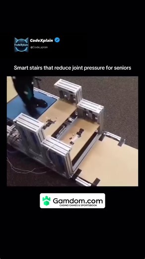 CodeXplain on Instagram: "Stair navigation is one of the toughest daily challenges for older adults—but innovation is changing that. Researchers have developed smart, energy-recycling stairs designed to significantly reduce joint stress and make climbing safer and easier for seniors. These advanced stairs capture and store energy when a person walks down, using spring-loaded mechanisms that compress under pressure. This process saves energy that would normally be lost through ankle impact and br