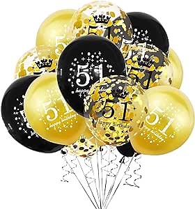SHUNTAI 51 Birthday Decorations for Men Women Gold and Black 51st Birthday Balloons Latex Confetti Balloon 51 Year Old Anniversary Theme Happy Birthday Party Decor Supplies 12 inch 15 Pieces