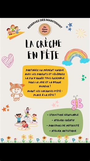 🎉 LA CRÈCHE EN FÊTE 🎉 👉 Réservez dès maintenant ! Offrez aux enfants et aux parents un moment festif et convivial pour célébrer la fin d’année avant les vacances d’été ☀️ ✨ Au programme : 🎈 Structure gonflable 🎨 Ateliers créatifs et artistiques 🤸‍♀️ Parcours de motricité Un événement clé en main, pensé pour le plaisir des tout-petits et le partage en famille 💛 📩 Places limitées – réservation obligatoire Contactez-moi dès maintenant pour organiser La Crèche en Fête dans votre structure ! 