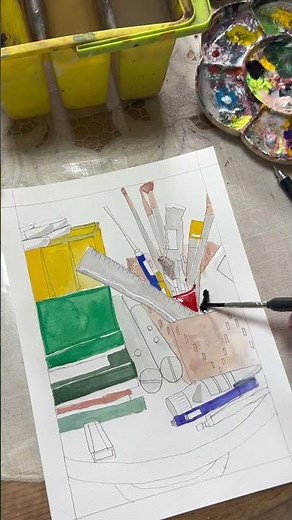 私の画材には絵の具や水入れ、定規や筆、消しゴムやシャーペンが並びます🖌️水彩絵の具で描いたイラストメイキング #art #水彩 #イラスト #illustration