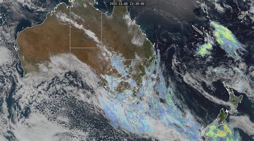 07 Nov 2025. Australia & New Zealand. Visible & infrared satellite images. Source: https://realearth.ssec.wisc.edu/ Blue/green/yellow is low pressure/moisture. Cool southern parts Australia. High pressure blocking cloud & rain most areas. Low pressure/moisture & potential rain (evening/morning): Parts NSW, Vic, Tas. Kimberley WA, N NT, Far N & E parts QLD. | Australia & NZ Moving Satellite Images