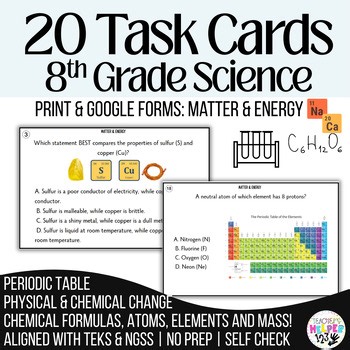 8th Grade Science 20 Review Task Cards | Atoms, Elements & Chemical/Physical