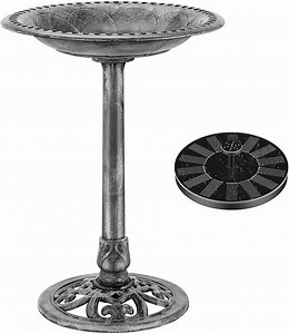 SPECSTAR Bird Bath, Polyresin Antique Outdoor Gray Garden Birdbath and Solar Powered Round Pond Fountain Combo Set