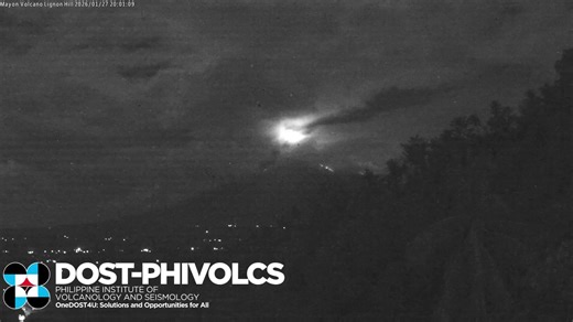MAYON VOLCANO ACTIVITY LOOK: Effusive eruption at Mayon Volcano continues for 21st consecutive day, generating incandescent lava flows, pyroclastic density currents (PDC) or “uson” and rockfall in the Mi-isi (south), Bonga (southeast) and Basud (east) Gullies tonight, Jan. 27, according to PHIVOLCS. Alert Level 3 prevails over Mayon and entry into the 6-km Permanent Danger Zone must be prohibited. Courtesy: PHIVOLCS/X | GMA News