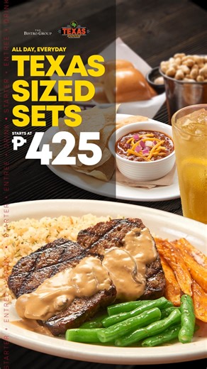 Great food at a great price—now that’s legendary! Introducing our all-new TEXAS-SIZED Sets, starting at P425! ✅ Fresh Baked Bread ✅ Choose your Starter ✅ Pick your Entrée ✅ Comes with a drink Enjoy a full Texas Roadhouse experience with flavors you love at a price you’ll love even more. Available all day, every day! 🗓️ Book a table now at texasroadhouse.com.ph #TexasRoadhousePH #DineAtTexasRoadhousePH #ByTheBistroGroup | Texas Roadhouse Philippines