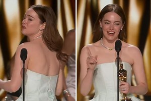 Emma Stone wins Best Actress in Oscars upset — and busts the back of her dress open in the process: "Don't look"