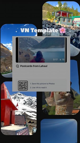 Shruti Rana | Travel & Lifestyle on Instagram: "Finally, after a lot of request! My Postcards from Lahaul Template 🌸 Comment down what do you want next? ✅ But don’t Forget to follow these Steps: 1. If QR doesn’t work, go to VN codes highlights and download template link shared. Once downloaded, open the file and share to VN. (Dont worry if the file shoes unsupported just share to VN) Find all VN codes/files in “Vn Code Highlights” kindly dont DM for codes. Want More of my template videos?? Foll