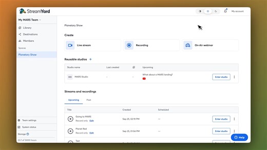 🌙 Introducing Auto theme mode We've added a new option that lets StreamYard automatically adapt to your device's theme settings. With the new Auto option, your StreamYard experience will seamlessly switch between light and dark mode based on your system preferences. Try it out! | StreamYard