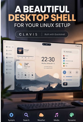 This Linux desktop shell makes your whole setup feel much more cohesive. Clavis brings system controls, sidebars, weather, media controls, search, and dynamic theming into one interface. github .com/StatIndet/quickshell Comment CLAVIS and I'll send you the project link. Follow for more useful tech discoveries. #Linux #OpenSource #LinuxDesktop #Niri #Tech