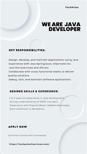 🚀Hiring Java Developer 1-2 years Exp Pune (wakad) Techpulse IT Services #shorts #itjobs #itjobs2025