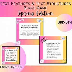 Text Features Text Structures BINGO Game Spring Activity 3rd 4th 5th Grade