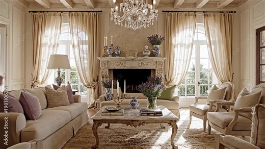 Ultra-luxury Provence style living room, spacious elegant interior with two tall arched windows, very high ceilings, refined French country architecture.
