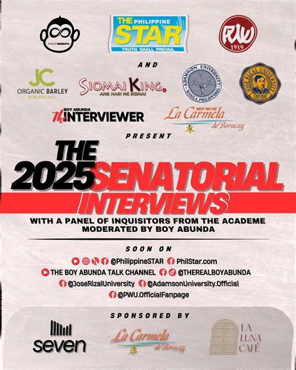 THE 2025 SENATORIAL INTERVIEWS 🗳️ As the midterm elections draw near, the Philippine STAR presents the 2025 senatorial interviews moderated by TV host Boy Abunda. In collaboration with the Philippine Women's University, Jose Rizal University, and Adamson University, the senatorial interviews feature a panel of inquisitors from the academe. The lineup of senatorial candidates will be revealed soon. | Philippine Star