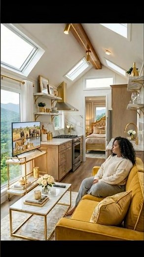 Luxury Tiny House with Mountain Views | Stunning Skylight Home with Gold Accents & Cozy Bedroom Nook