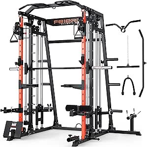 FEIERDUN Smit Machine Power Cage FOR01, All-in-One Home Gym Squat Rack with Barbell & Solid Limit Rod & Two LAT Pull-Down Systems & Cable Crossover Machine for Home Gym