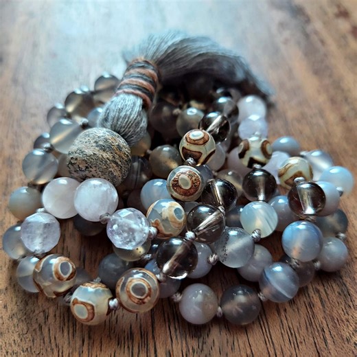 Love Mala, Peace Mala Beads, Pretty Pink & Gray Mala Necklace Gift for Her, Buddhist Japamala, Meditation Yoga Gift, Cotton Tassel Necklace - Etsy