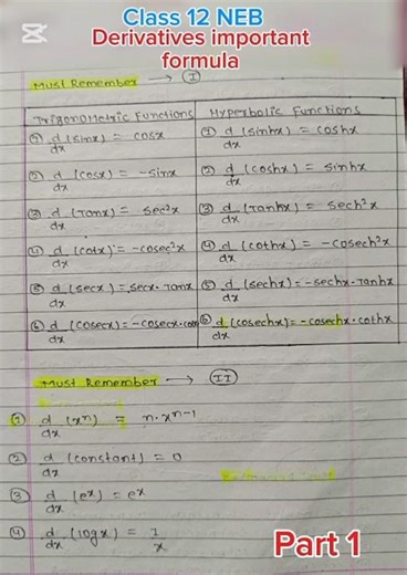 Class 12 Derivatives important formula #shorts