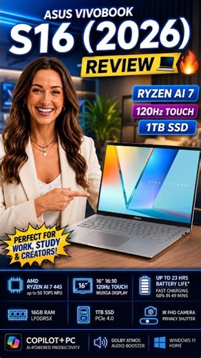 ASUS Vivobook S16 (2026) Review 💻🔥 | Ryzen AI 7 + 120Hz Touchscreen + 1TB SSD #viral
