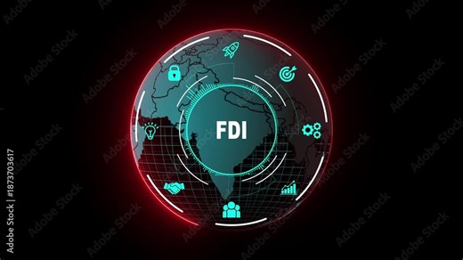 Foreign Direct Investment FDI HUD Interface with Global Investment Map and Futuristic Economic Analytics Dashboard