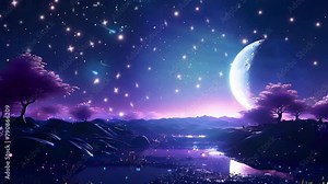 Crescent moon illuminating a sparkling night sky filled with stars and comets