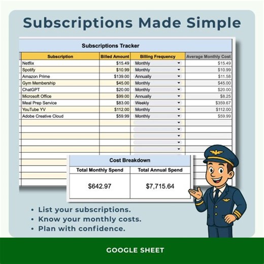 Subscriptions Tracker - Google Sheets Subscription Cost Calculator - Etsy UK