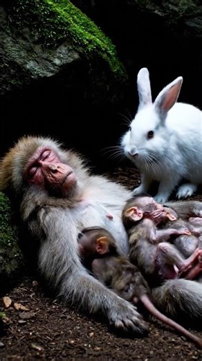 white rabbit brings hope to the mother and baby monkeys!😭🐰#animals #monkey #wildlife