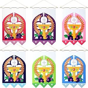 6 Sets First Communion Banner Kits 9 x 12 Inches Felt Holy Communion Banner Kits Sunday School DIY Arts and Crafts Kit for Kids First Communion Gifts for Boys or Girls