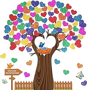 Classroom Tree Bulletin Board Decorations Set Swaying Heart Tree with Heart Shape Golden Glitter Cutouts Classroom Wall Decor for Elementary School Teachers and Chalkboard Supplies