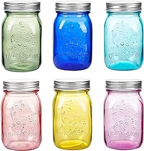 Amzcku 16 oz Colored Mason Jars with Lids，Regular Mouth Canning Jar, 6 Pack Multifunction Glass Container, for Storage, Canning, Pickling, Preserving, Fermenting, DIY Crafts & Decor