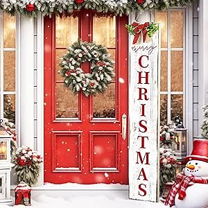 Christmas Porch Sign Merry Christmas Hanging Decor 42'' Rustic Vertical Welcome Wooden Sign with Lanyard Bowknot for Outdoor Home Front Door Porch Patio Deck Wall Indoor Farmhouse