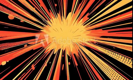 A vibrant explosion graphic with rays emanating from a central burst in yellow and orange.