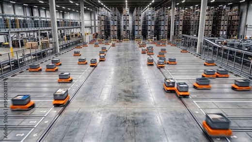 Automated warehouse fulfillment center showing a fleet of flat orange sorting robots carrying standardized steel bins with rapid movement.