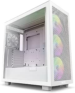 NZXT H7 Flow RGB - Compact ATX Mid-Tower PC Gaming Case – High Airflow Perforated Front Panel – Tempered Glass Side Panel – 3 x F140 RGB Core Fans Included – 360mm Radiator Support – White