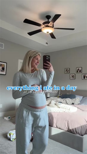 everything i ate today at 28 weeks pregnant as a health and fitness coach 😌 pre workout: banana pb honey and starbucks medium roast iced coffee with chobani white chocolate mocha creamer post workout: 2 eggs 1/3 c egg whites, turkey bacon and pomegranate arils blueberries strawberries double shot whole milk latte with honey and cinnamon lunch: salad kit lettuce mix with feta cheese, balsamic vinaigrette, @amylufoods chicken burger and dry roasted edamame post lunch sweetness: sourdough bread wi