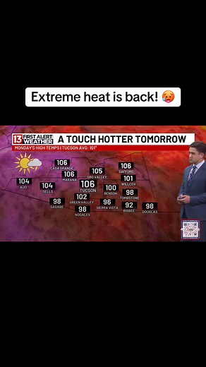 The extreme heat is back as temps could reach 110 in Tucson! This has triggered an Extreme Heat Warning & First Alert Action Day on Wednesday. 🚨🥵 #extremeheat #heat #heatwave #tucson #arizona #arizonaheat #arizonaweather #weather | Meteorologist Cory Kowitz