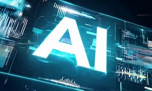 Futuristic background with AI letters glowing in blue, a high-tech interface with data charts. Artificial Intelligence