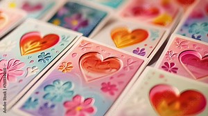 A display of beautifully crafted greeting cards each bearing heartfelt messages and illustrations providing a way to express love on special day. Stock Video