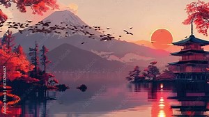 Red sunset shining over a lake with a japanese pagoda and mount fuji in the background. Autumn leaves are floating on the water
