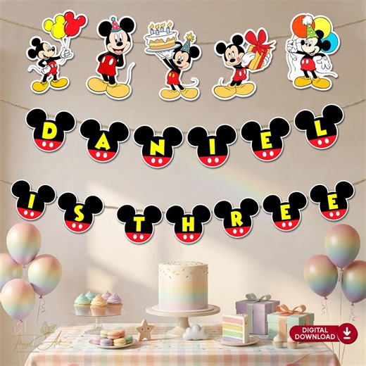 Mickey Mouse Birthday Banner, Personalized Name Printable Party Garland - Etsy UK