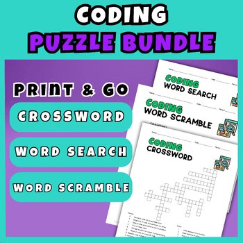 Fun Coding Worksheets Bundle STEM Crossword Word Search Puzzles 6th 7th 8th