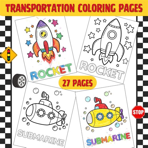 Transportation Coloring Pages for Kids, Printable Vehicle Coloring Worksheets, Preschool Learning Activity , Letter Tracing - Etsy
